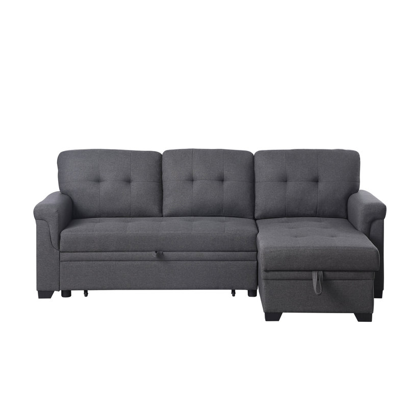 84" Dark Gray Linen Sectional With Reversible Sleeper, Storage, Plump Stitching Storage And 35" Height, Design