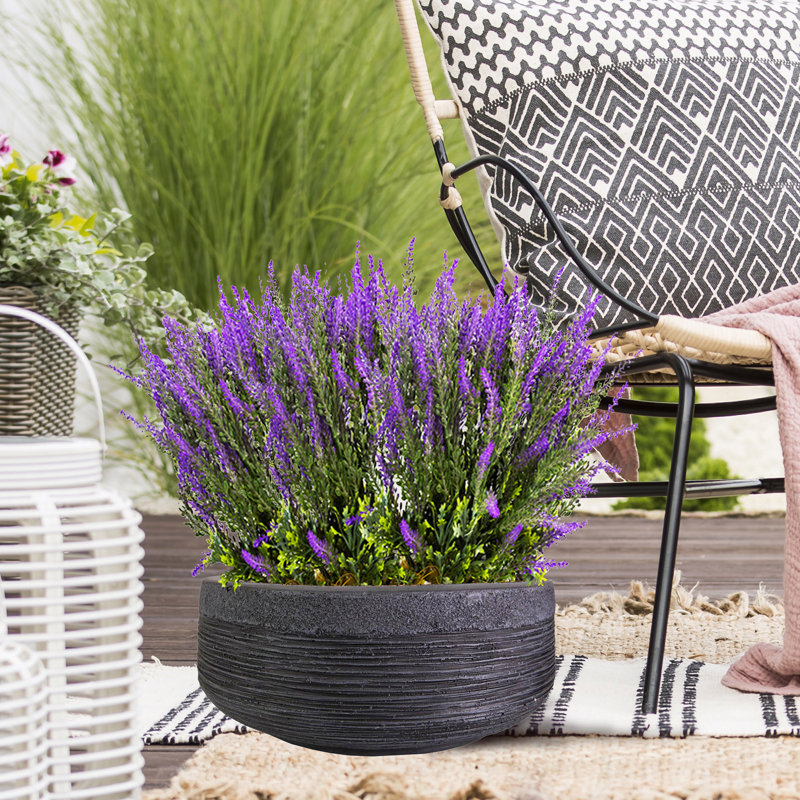 Garden Bowl Planter, Lightweight Ribbed Reinforced Stone Frostproof Outdoor Plant Pot, Planter with Drainage Holes, Bonsai Pot, Shallow Planter