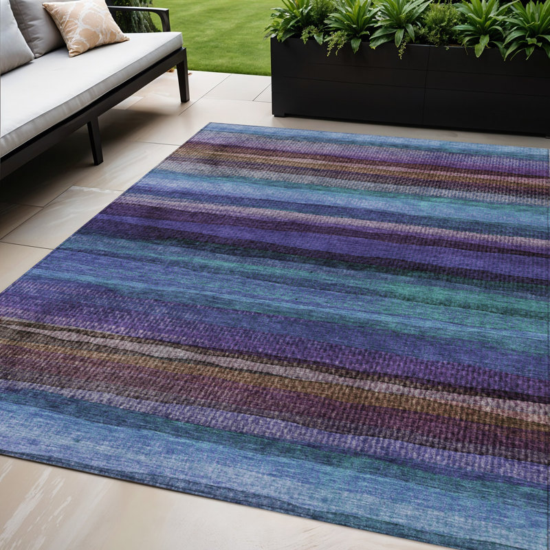 Tapis extérieur lavable rayé bleu mauve et taupe 5 pi x 8 pi
