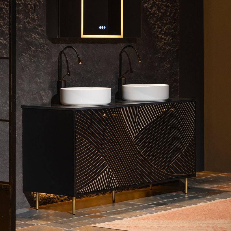 Meuble-lavabo de salle de bain 60 po x 22 po avec double vasque ronde en céramique Eden et plateau en pierre reconstituée noire Eden