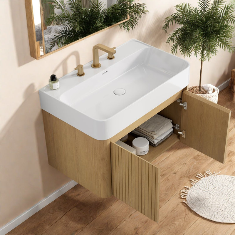 Meuble-lavabo moderne, rangement flottant en bois 24 po avec cuve à surface solide, 29.53