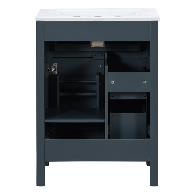 Meuble-lavabo 24 po avec lavabo en céramique, armoire de salle de bain en panneau de fibres à densité moyenne avec 1 porte, 1 tiroir rabattable et 2 tiroirs, meuble-lavabo à fermeture en douceur avec tablette réglable et poignées argentées