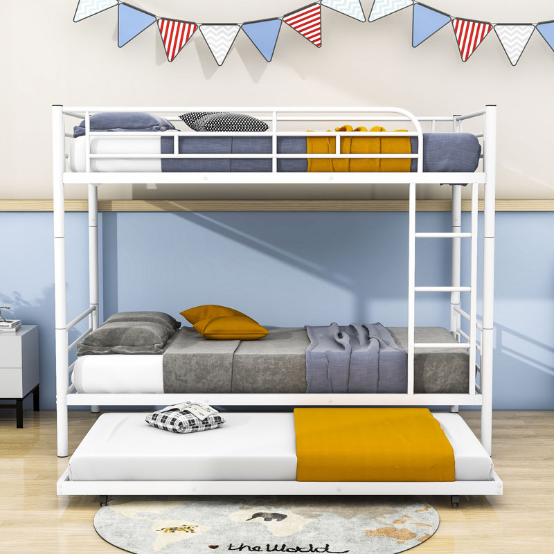 Twin Over Twin Metal Standard Bunk Bed With Twin Size Trundle, White