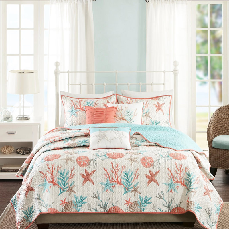 Courtepointe en coton 6 pièces avec coussins décoratifs, taille corail double / grand, coquillages et coraux imprimés, mélange de tissus doux, vermicelle, bord de mer, double / grand lavable à la machine, literie à broderie Starfish