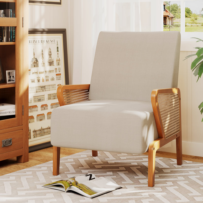 Upholstered Accent Chair With Rattan Arms And Solid Wood Legs, Beige Linen