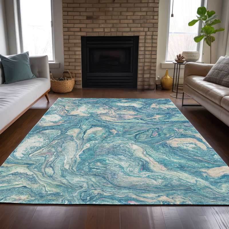 Tapis bleu sarcelle lavable à la machine intérieur / extérieur Xhevrie, Rectangle 10 pi x 14 pi