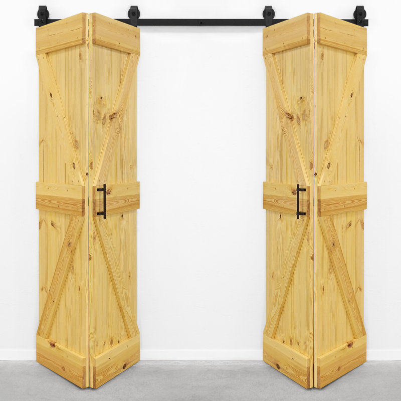 Double Bi-Fold Solid Pine Wood Barn Door, Natural Oil