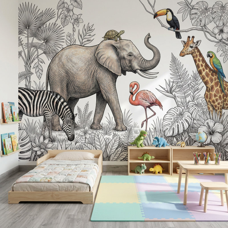 Décoration murale faune tropicale amovible jungle, 100 po x 96 po, Peel and Stick