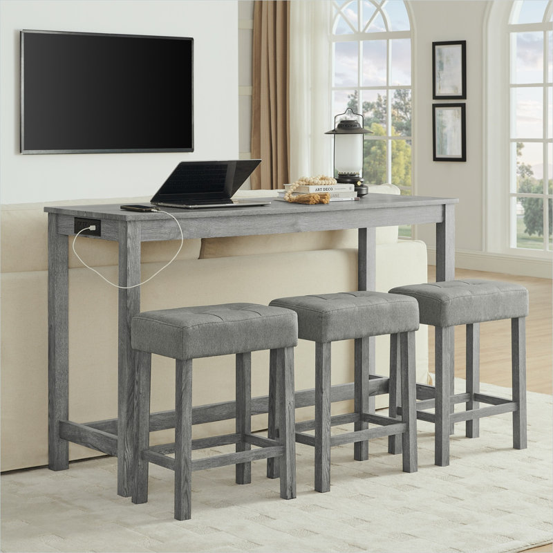 Ensemble de table de bar 4 pièces 59 pouces avec centre de charge, 3 tabourets rembourrés, structure en bois massif, gris doux