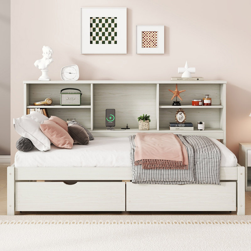 Bed Frame With Side Bookshelves, Two Drawers, And Built-in USB Port, Twin