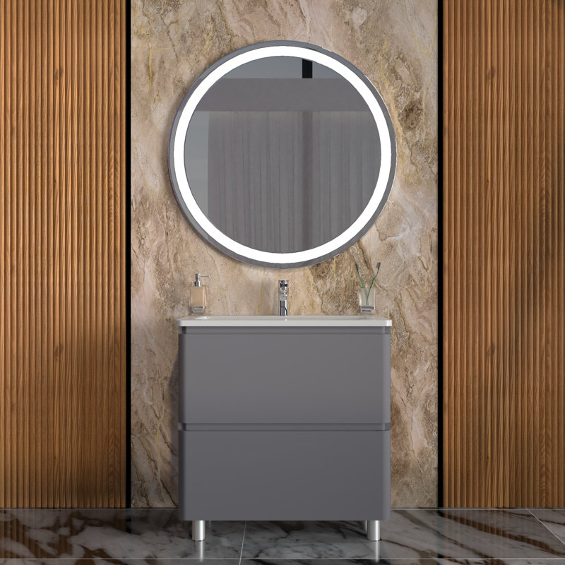 Jermyia 31.3'' Single Bathroom Vanity with Ceramic Top with Mirror, Grey Matt
