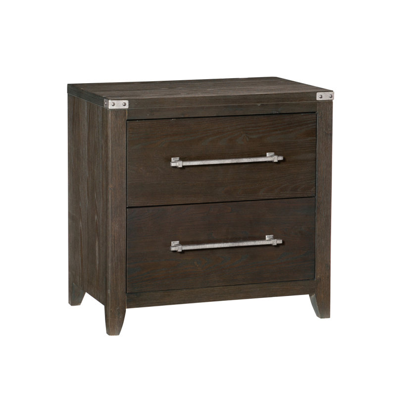 Finition brun foncé 1pc 2 tiroirs table de chevet tachetée barre de ton argenté mobilier de chambre à coucher moderne transitionnel