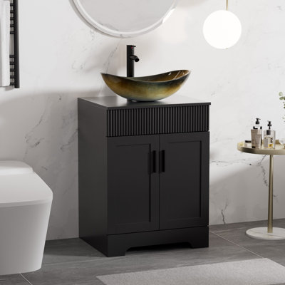 Akron 24" Freestanding Single Bathroom Vanity Set With Manufactured Wood Top, Vessel Sink, Faucet And Drain, Hand Painted Water-Resistant