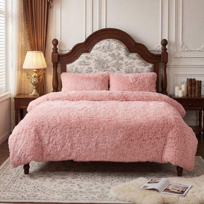 Polyester Solid Colour Duvet Cover Set, King Duvet Cover + 2 Standard Pillowcases, Pink