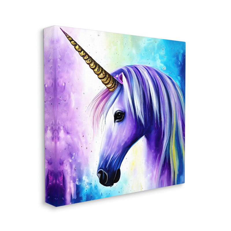 ba-883 - Encadré élégant licorne mauve par Denise Dundon, reproduction d'art sur toile, H 17 po x l 17 po x P 1,5 po
