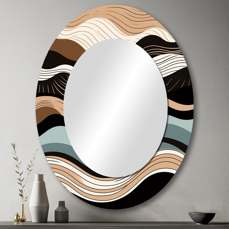 Teal Black Line Art Elegance I - Miroir mural ovale bleu sarcelle, 43 po x 33 po