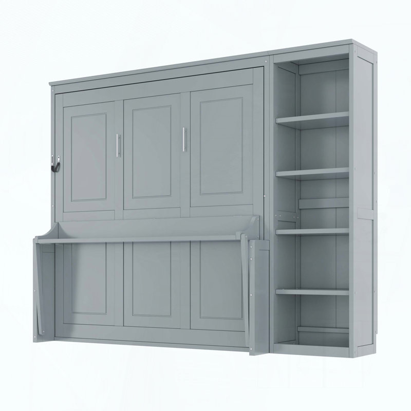 Grand lit escamotable avec bureau et tablettes, Gris, Grand lit