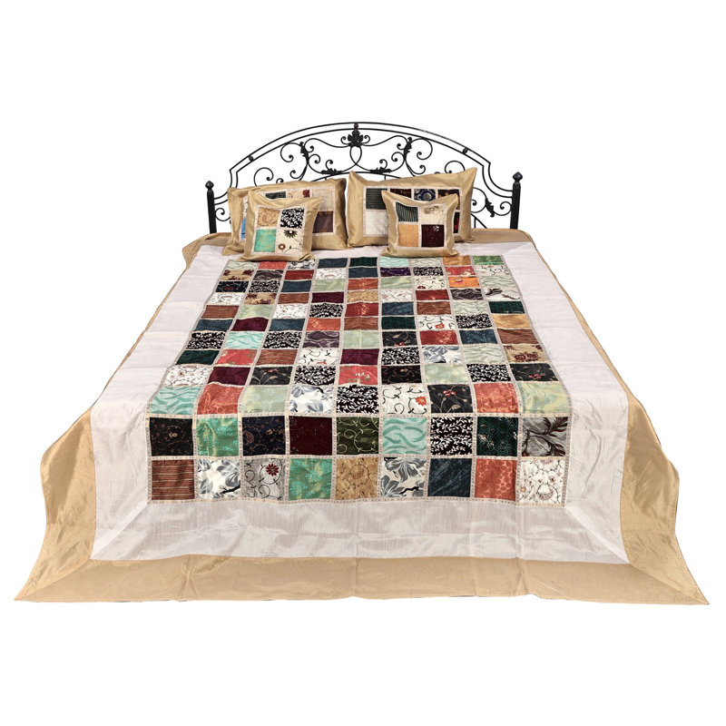 Exotic India Art Silk Multicolored Bedcover With Patch Work From Jaipur, Multicolor Geometric 1