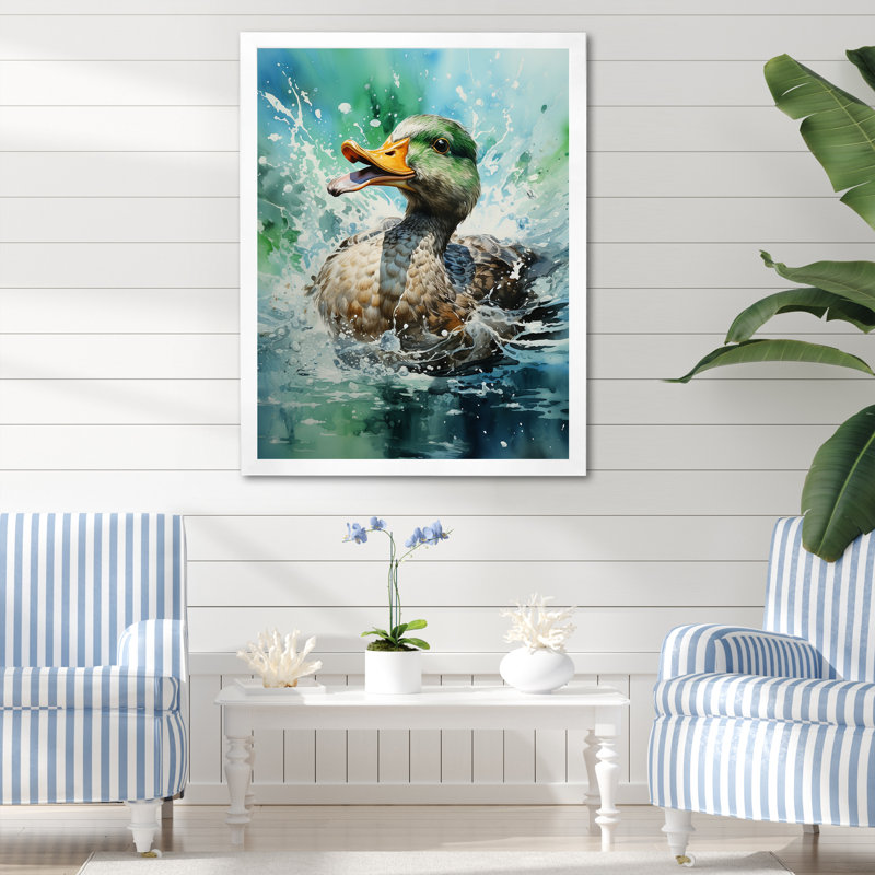 Duck Springtime Splash - Art mural animal canard, Cadre simple blanc, H 20 po x l 12 po x P 1 po