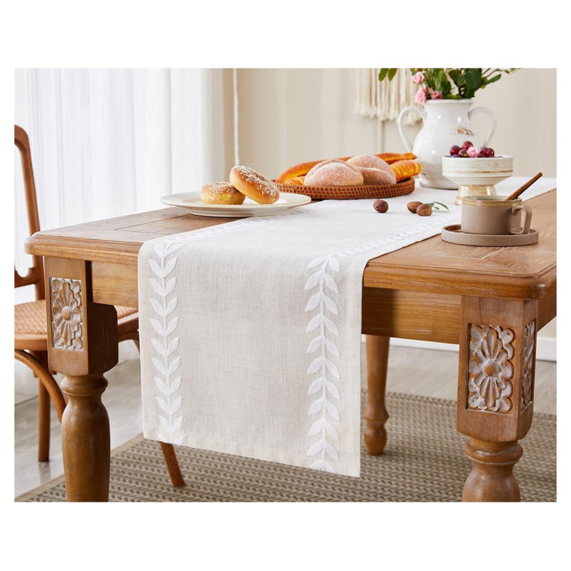 Embroidered Table Runner Irregular Willow Leaf Table Runners Long For Dresser Home Dining Table Decor, White/Cream