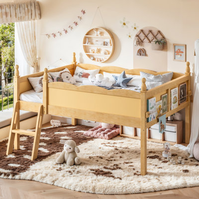 Lit mezzanine double en bois massif avec tablettes à livres