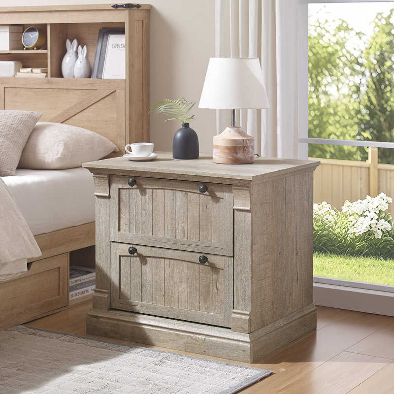 30'' W Large Nightstand With Charging Station & 2 Storage Drawers, Light Rustic Oak