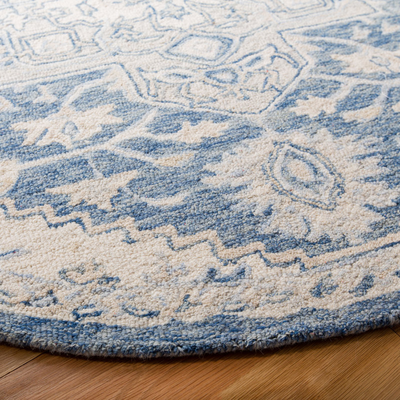 Micro-Loop Oriental Area Rug In Blue / Ivory, Round 91 cm