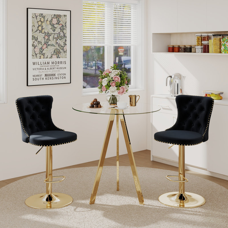 Tabouret de bar pivotant en velours à hauteur réglable avec structure en métal (ensemble de 2), Noir, Doré