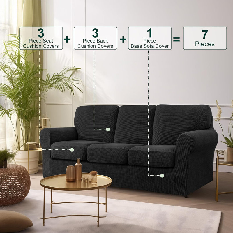 Polyester Box Cushion Sofa Slipcover, Black Polyester
