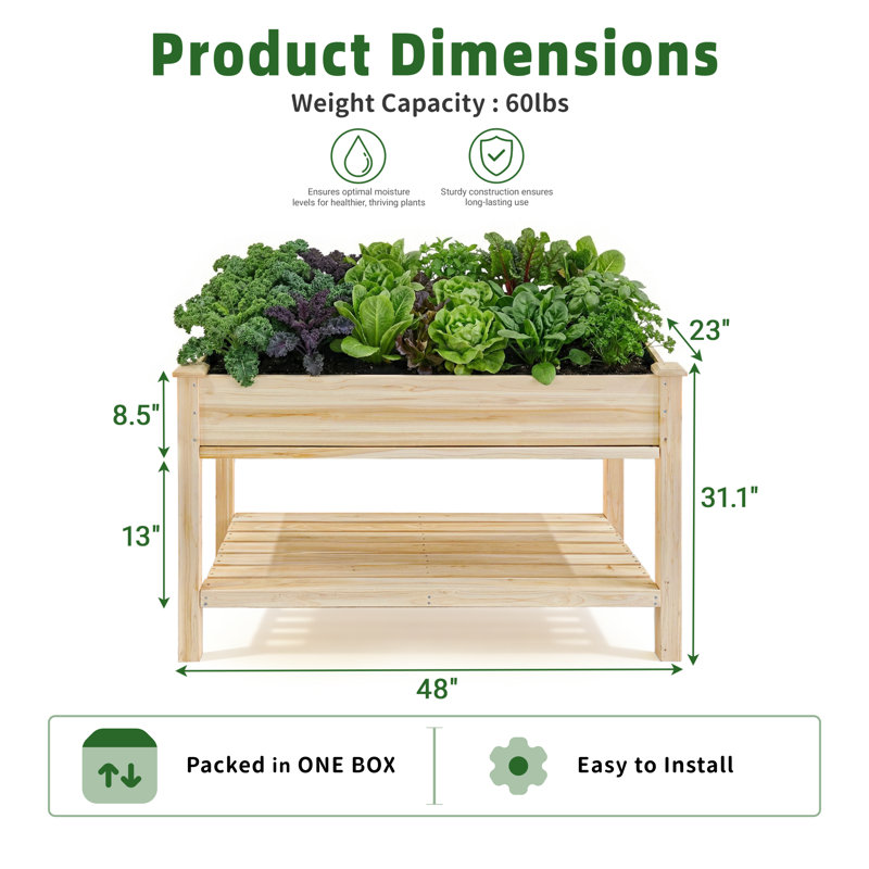 Lit de jardin surélevé en bois massif de 48 po de largeur avec plateau de récupération d'eau et tablette de rangement, bac à fleurs avec doublure de protection et trous de drainage pour la cour de patio