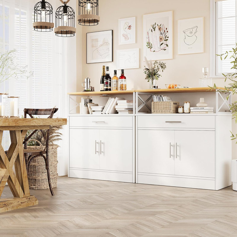 Buffet avec rangement, armoire de rangement de cuisine moderne de 32 po avec rangement ouvert, tablette réglable, table basse en bois de style café pour la cuisine, la salle à manger,