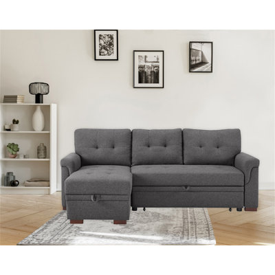 Sierra 84" Dark Gray Linen Reversible Sleeper Sectional Sofa With Storage Chaise