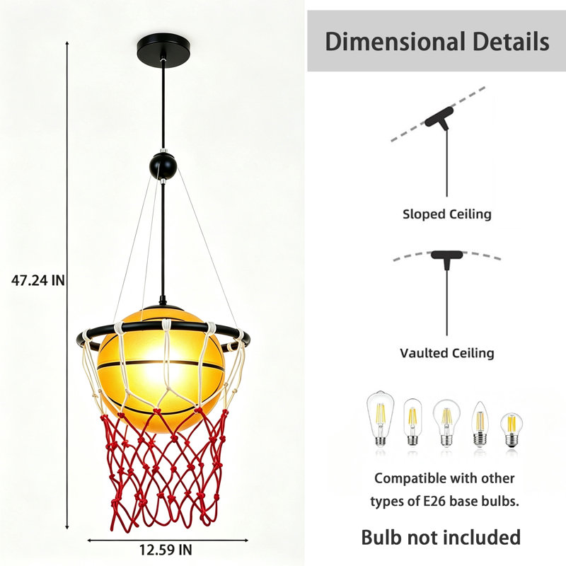 Suspension en forme de ballon de basketball, luminaire suspendu sur le thème du sport avec filet rouge, finition noire, ampoule E26 non incluse