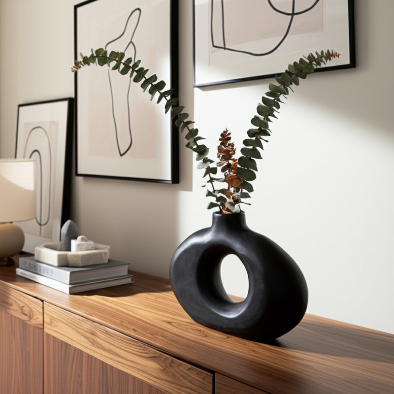 Elikem Modern Mango Wood Vase with Round Cutout Silhouette and Minimalist Sculptural Design for Contemporary Decorative Accents