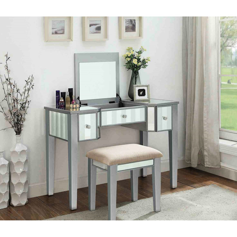 Meuble-lavabo de style transitionnel avec tabouret, Idée de maquillage en bois massif, 3 tiroirs pour le rangement, Miroir central de 5 mm, Idée de décoration de chambre à coucher à finition argentée 1pc et ensemble de caractéristiques, Schéma alternatif