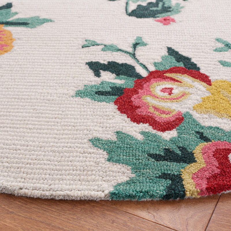Akyrie Floral Handmade Tufted Wool Ivory/Red Area Rug, Round 6'