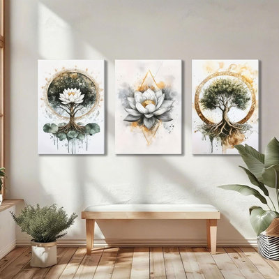 3Pcs Zen Meditation Lotus Canvas Wall Art Spiritual Bathroom Yoga Spa Paintings Pictures Wall Decor Tree Of Life Posters Prints Artwork For Living Room Office Bedroom Home Decoration.