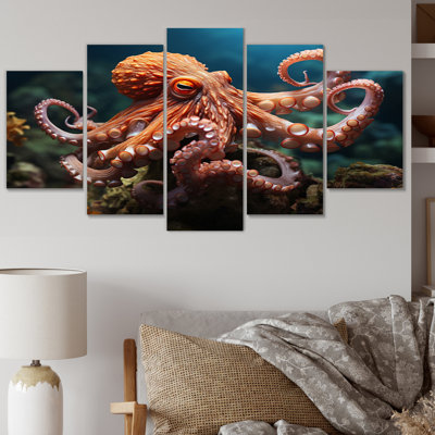 Coral Octopus Serene Submersion II - Animals Wall Decor - 5 Panels