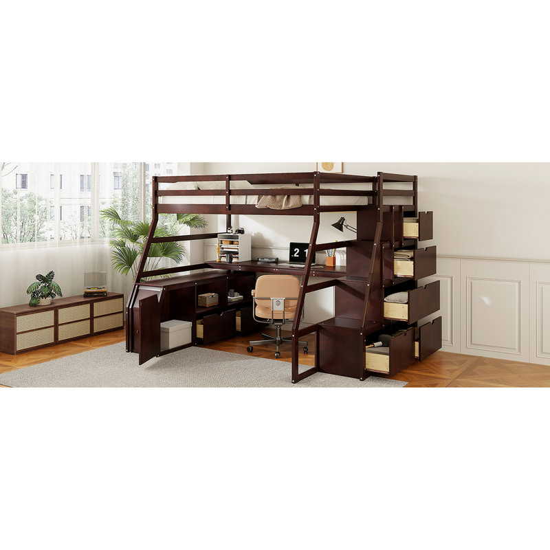 Lit mezzanine double avec 7 tiroirs, 2 tablettes et un cadre de bureau pour une fiabilité à long terme, une conception de chambre à coucher appropriée avec des lattes en contreplaqué de couleur, une bonne qualité de sommeil
