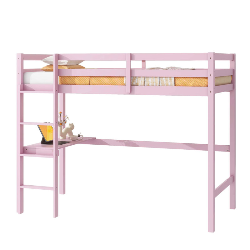 High Loft Bed, Rubber Wood Loft Bed with Safety Guardrail, built-in desk, ladder, Pink