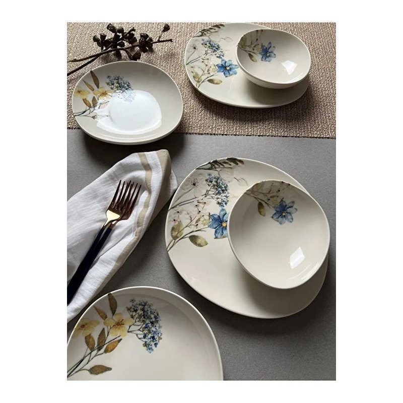 Ensemble de vaisselle élégant 12 pièces, 100% porcelaine, comprend 4 assiettes de service (10,6 x 10,6 x 1,0 pouces), 4 assiettes (8,7 x 8,7 x 1,2 pouces), 4 bols (6,3 x 6,3 x 1,8 pouces) | Va au lave-vaisselle et au micro-ondes | Parfait pour les repas et les réceptions élégants