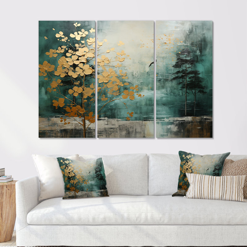 Ensemble de salon Golden Emerald Forest - Abstract Spirals, H 40 po x l 60 po x P 1 po, Toile tendue