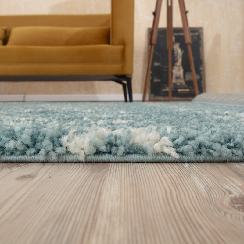 Moroccan Shaggy Collection Rugs Tangier Design in Duck Egg Blue/Ivory, Round 120cm