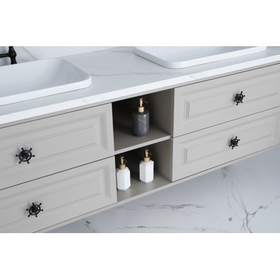 96 Inch Wall Hung Bathroom Vanity Base Cabinet Khaki Finish Double Sink Ready