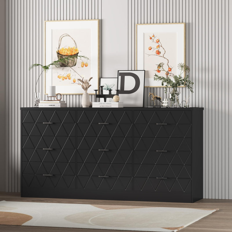 63" Wooden Dresser for Bedroom with Power Outlet, Modern Chest of Drawers Storage Cabinet, Black