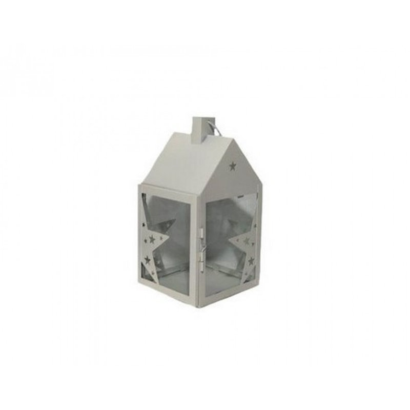 House Shaped Metal With Star Candle Lantern, White