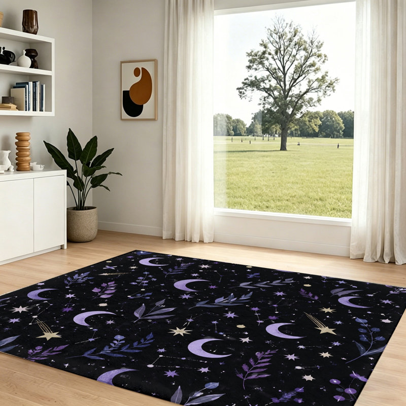 Élégant tapis à motif de lune et d'étoiles célestes, conception de constellation artistique, surface moelleuse confortable, envers antidérapant, tapis de sol lavable pour le salon, la chambre à coucher, la décoration intérieure, unique