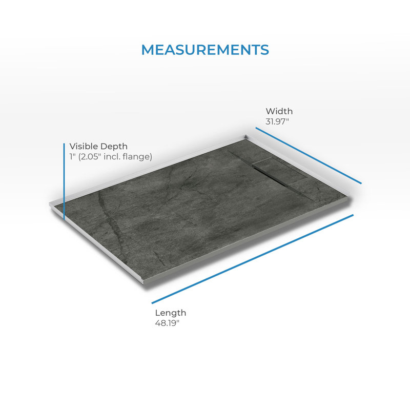 Receveur de douche rectangulaire extra-plat Lenora 122 cm x 81 cm avec bonde latérale dissimulée en calcaire cimenté