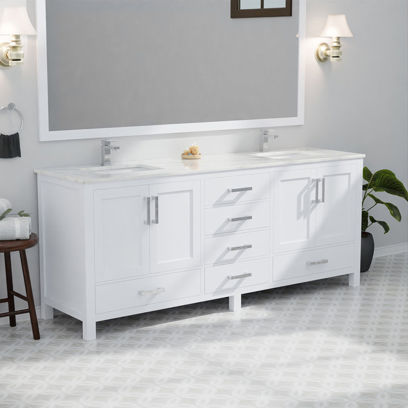 Meuble-lavabo double l 80 po x P 22 po, comptoir en marbre de Carrare et miroir de 30 po, Blanc