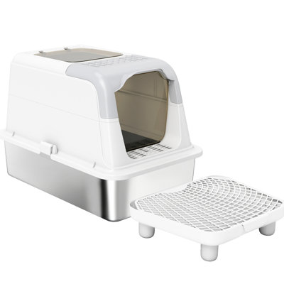 Enclosed Litter Box With Stainless Steel Interior, Sand Drop Area, Deodorizer, , Gray, Assembly Needed For Indoor Cat Habitats Easy Maintenance, Structure, Front - Entry And Top Exit, Deodorizer Bag,
